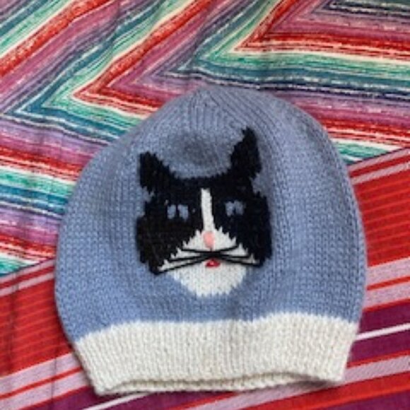 Kitty Cat knit Hat, blue black and white stiching, fits small teen, kids, sz. Sm - Picture 2 of 5